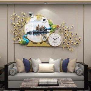 Đồng hồ đôi chim công kết hợp tranh tráng gương