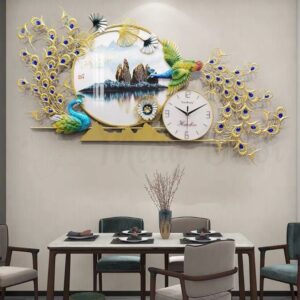 Đồng hồ đôi chim công kết hợp tranh tráng gương