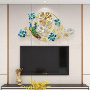 Đồng hồ đôi chim công và hoa khung tròn