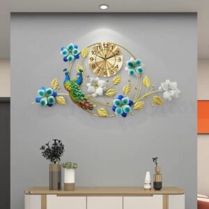 Đồng hồ đôi chim công và hoa khung tròn