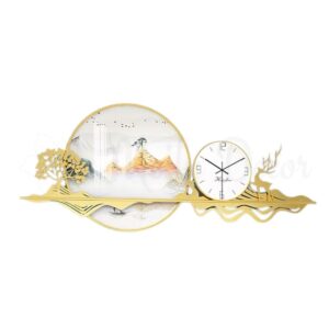 Đồng hồ tranh tráng gương mây và núi vàng