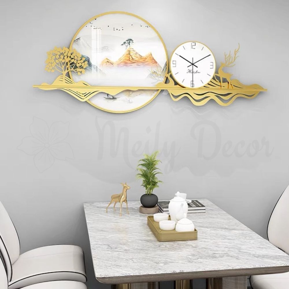 Đồng hồ tranh tráng gương mây và núi vàng Đồng hồ tranh tráng gương mây và núi vàng