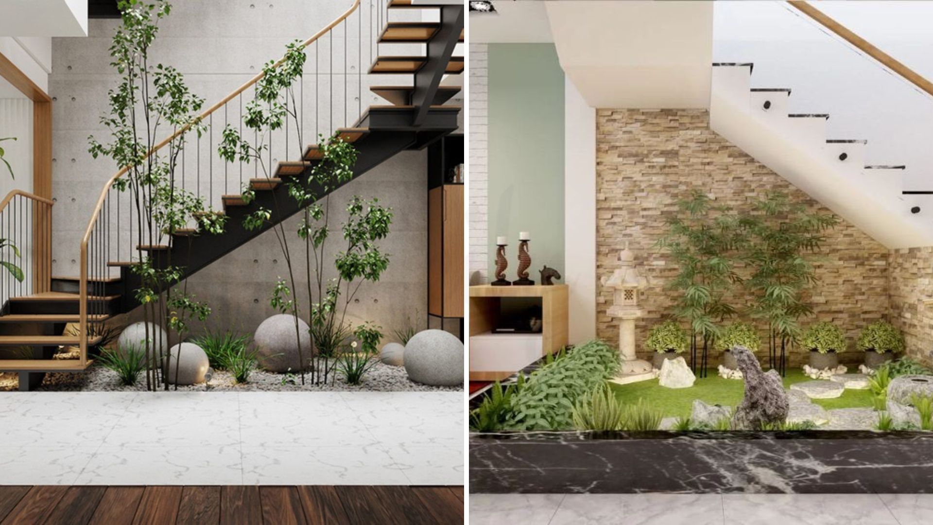 Trang trí cầu thang phòng khách với cây xanh